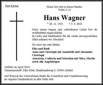 Traueranzeige von Hans Wagner von VRM Trauer