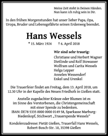 Traueranzeige von Hans Wessels von  Gießener Anzeiger