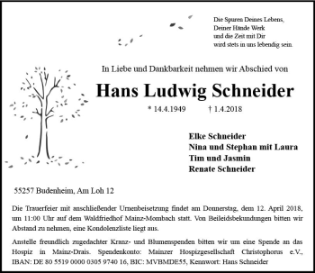 Traueranzeige von Hans Ludwig Schneider von Trauerportal Echo Online