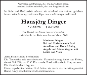 Traueranzeige von Hansjörg Dinger von Trauerportal Rhein Main Presse