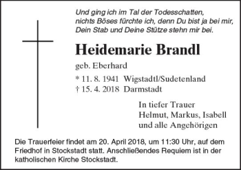 Traueranzeige von Heidemarie Brandl von Trauerportal Rhein Main Presse