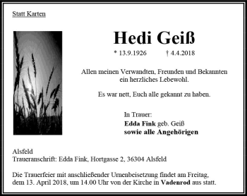 Traueranzeige von Heidi Geiß von VRM Trauer