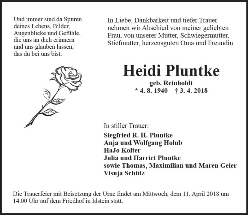  Traueranzeige für Heidi Pluntke vom 07.04.2018 aus Trauerportal Rhein Main Presse