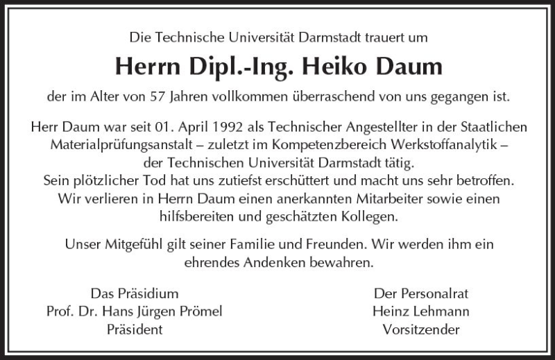  Traueranzeige für Heiko Daum vom 28.04.2018 aus Trauerportal Rhein Main Presse