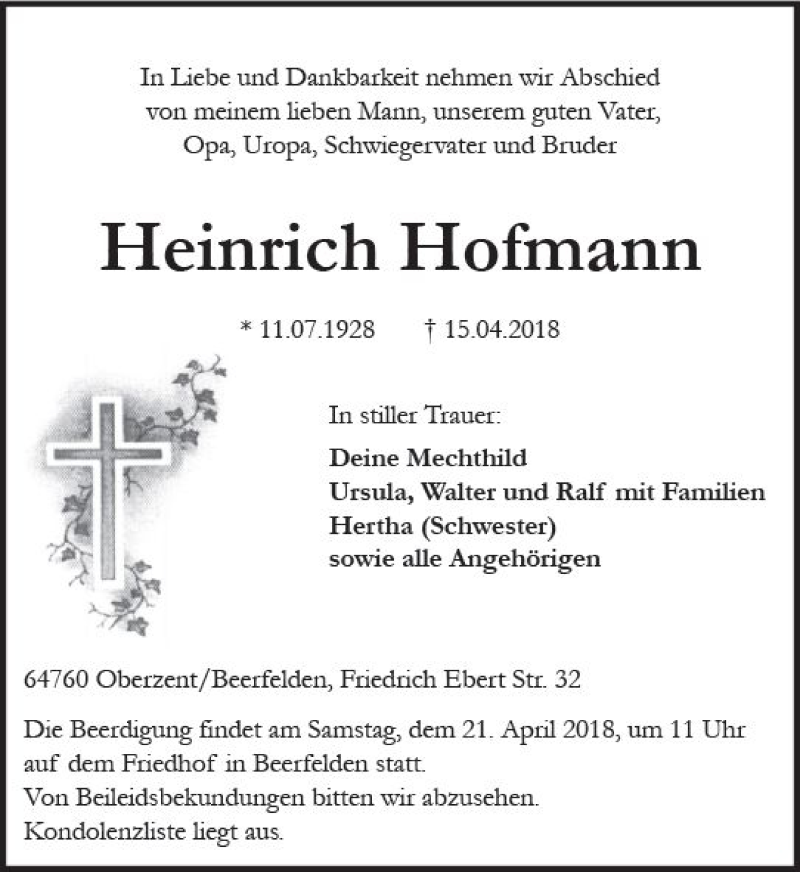 Traueranzeige für Heinrich Hofmann vom 19.04.2018 aus Trauerportal Rhein Main Presse