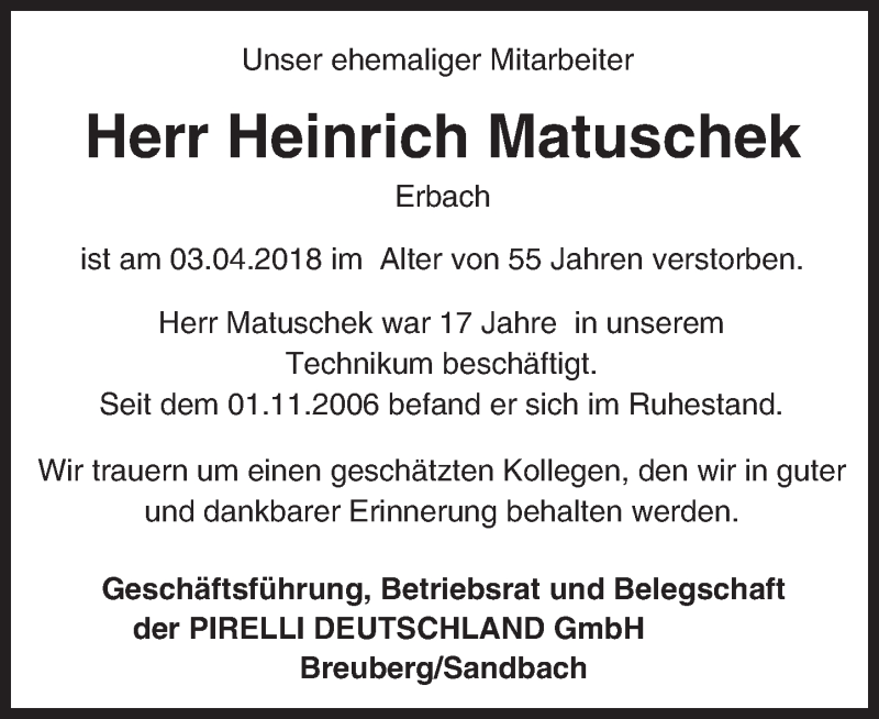  Traueranzeige für Heinrich Matuschek vom 21.04.2018 aus Trauerportal Rhein Main Presse