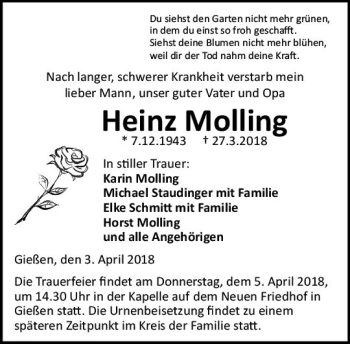 Traueranzeige von Heinz Molling von  Gießener Anzeiger