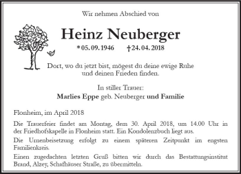 Traueranzeige von Heinz Neuberger von Trauerportal Rhein Main Presse