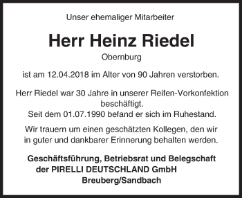 Traueranzeige von Heinz Riede von Trauerportal Rhein Main Presse