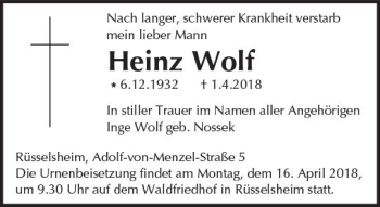 Traueranzeige von Heinz Wolf von Trauerportal Rhein Main Presse