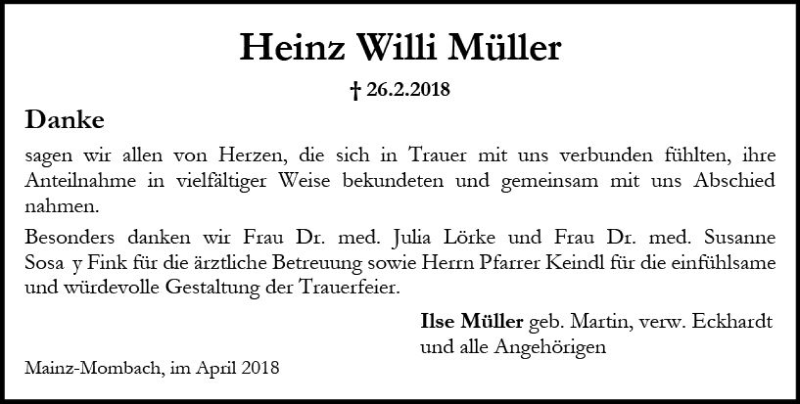  Traueranzeige für Heinz Willi Müller vom 14.04.2018 aus Trauerportal Rhein Main Presse
