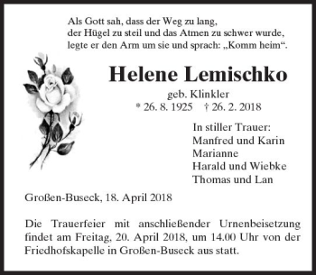 Traueranzeige von Helene Lemischko von  Gießener Anzeiger
