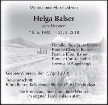 Traueranzeige von Helga Balser von  Gießener Anzeiger
