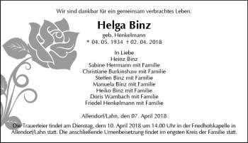 Traueranzeige von Helga Binz von  Gießener Anzeiger
