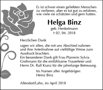 Traueranzeige von Helga Binz von  Gießener Anzeiger