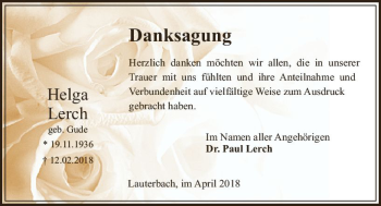 Traueranzeige von Helga Lerch von VRM Trauer