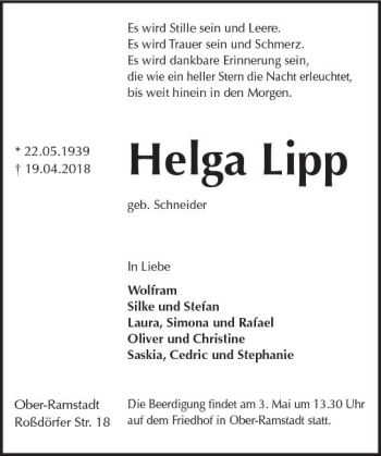 Traueranzeige von Helga Lipp von Trauerportal Rhein Main Presse