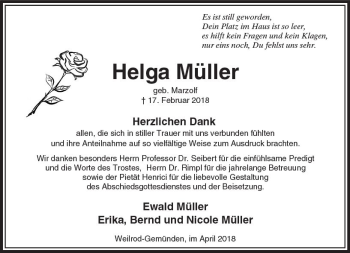 Traueranzeige von Helga Müller von  Usinger Anzeiger