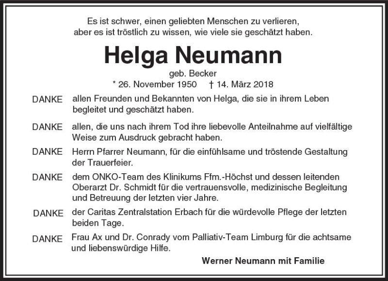  Traueranzeige für Helga Neumann vom 12.04.2018 aus  Camberger Anzeiger
