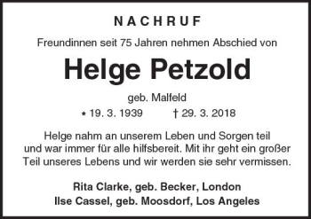 Traueranzeige von Helge Petzold von  Kreisanzeiger