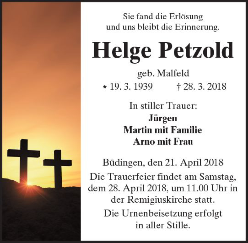  Traueranzeige für Helge Petzold vom 21.04.2018 aus  Kreisanzeiger