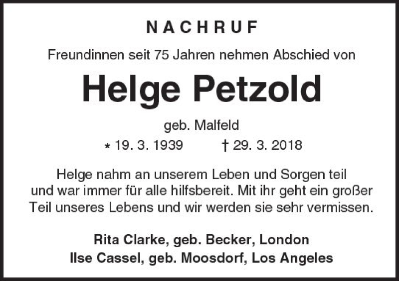  Traueranzeige für Helge Petzold vom 21.04.2018 aus  Kreisanzeiger