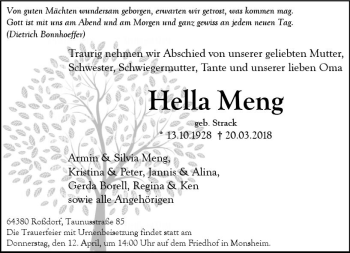 Traueranzeige von Hella Meng von Trauerportal Rhein Main Presse