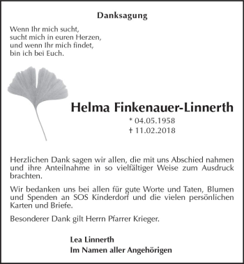Traueranzeige von Helma Finkenauer-Linnerth von Trauerportal Rhein Main Presse