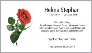 Traueranzeige von Helma Stephan von  Camberger Anzeiger