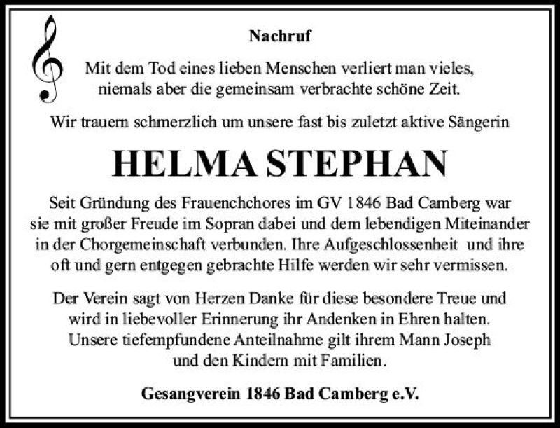  Traueranzeige für Helma Stephan vom 05.04.2018 aus  Camberger Anzeiger
