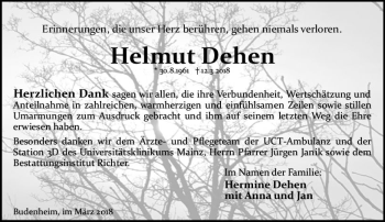 Traueranzeige von Helmut Dehen von Trauerportal Rhein Main Presse