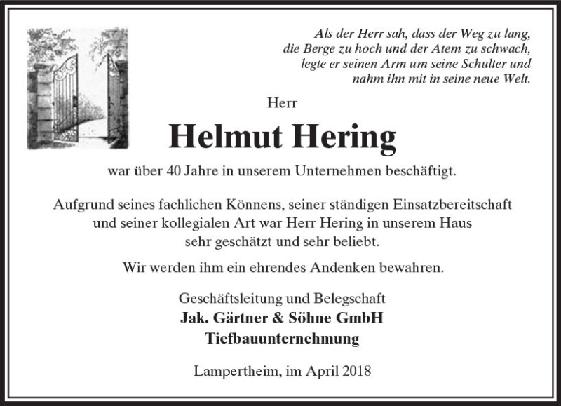  Traueranzeige für Helmut Hering vom 18.04.2018 aus Trauerportal Rhein Main Presse