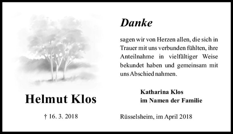  Traueranzeige für Helmut Klos vom 14.04.2018 aus Trauerportal Rhein Main Presse