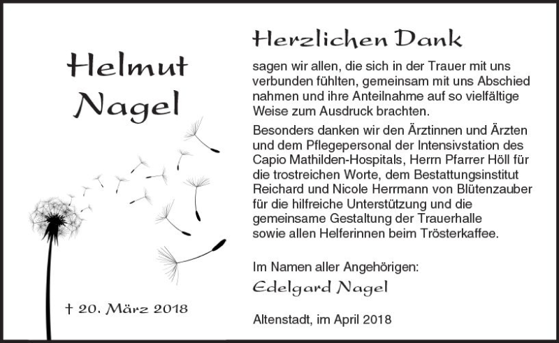  Traueranzeige für Helmut Nagel vom 21.04.2018 aus  Kreisanzeiger
