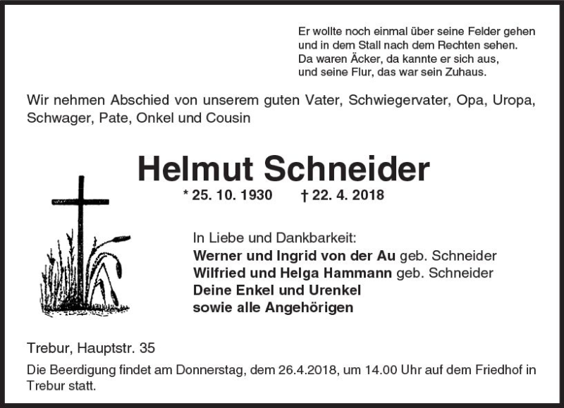  Traueranzeige für Helmut Schneider vom 25.04.2018 aus Trauerportal Rhein Main Presse