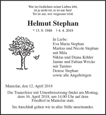 Traueranzeige von Helmut Stephan von  Gießener Anzeiger