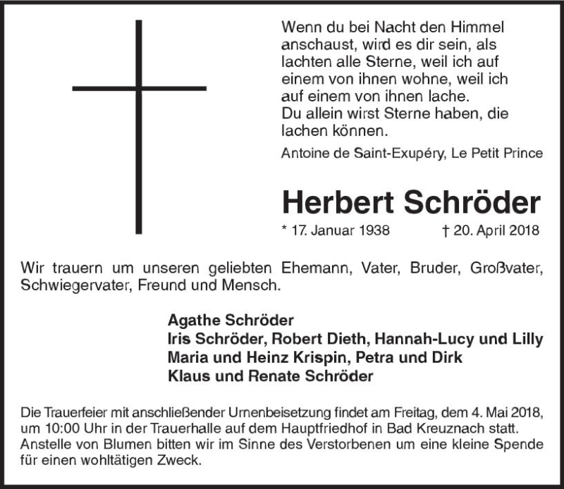  Traueranzeige für Herbert Schröder vom 28.04.2018 aus Trauerportal Rhein Main Presse