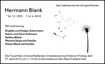 Traueranzeige von Hermann Blank von Trauerportal Rhein Main Presse