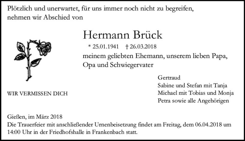 Traueranzeige für Hermann Brück vom 03.04.2018 aus  Gießener Anzeiger