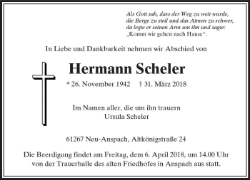 Traueranzeige von Hermann Scheler von  Usinger Anzeiger