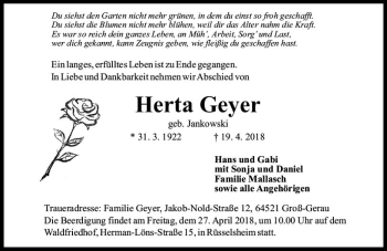 Traueranzeige von Herta Geyer von Trauerportal Rhein Main Presse