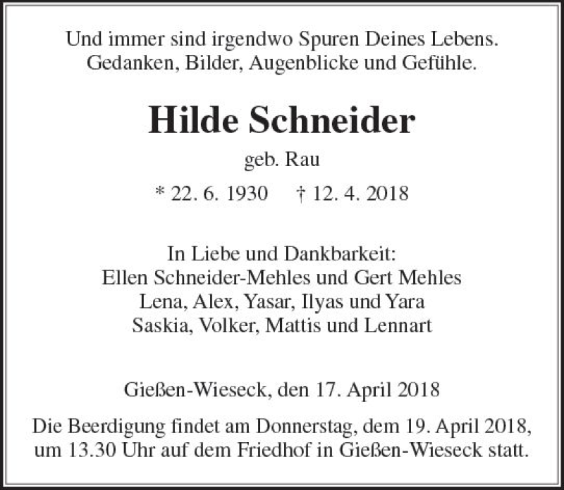  Traueranzeige für Hilde Schneider vom 17.04.2018 aus  Gießener Anzeiger