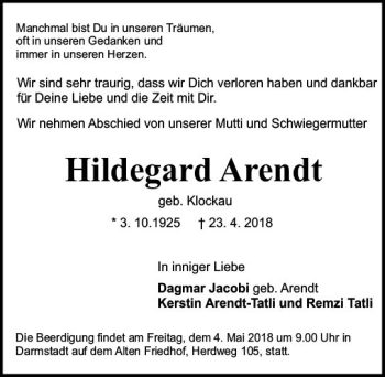Traueranzeige von Hildegard Arendt von Trauerportal Rhein Main Presse