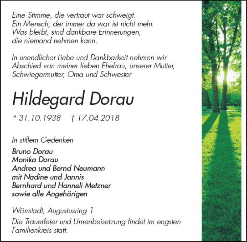  Traueranzeige für Hildegard Dorau vom 21.04.2018 aus Trauerportal Rhein Main Presse