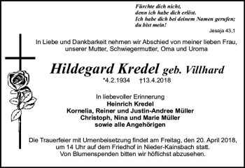 Traueranzeige von Hildegard Kredel von Trauerportal Rhein Main Presse