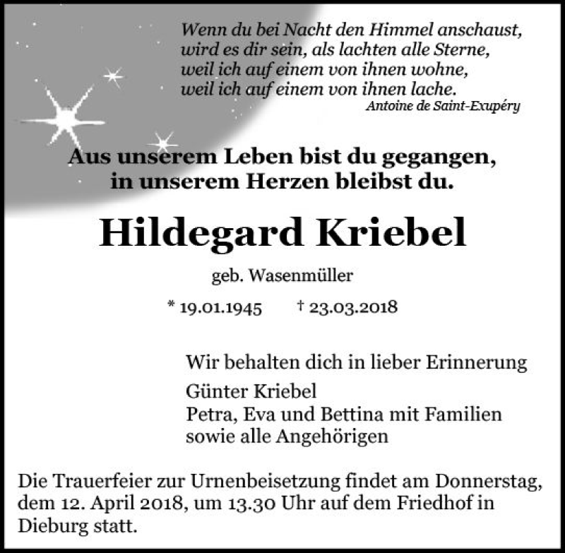  Traueranzeige für Hildegard Kriebel vom 07.04.2018 aus Trauerportal Rhein Main Presse