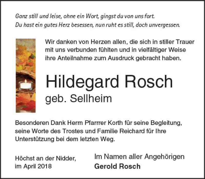  Traueranzeige für Hildegard Rosch vom 07.04.2018 aus  Kreisanzeiger