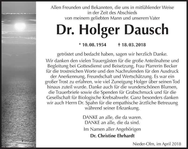 Traueranzeige für Holger Dausch vom 21.04.2018 aus Trauerportal Rhein Main Presse