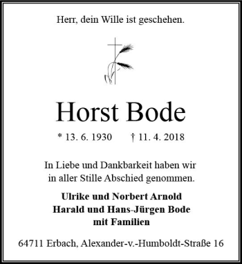 Traueranzeige von Horst Bode von Trauerportal Rhein Main Presse