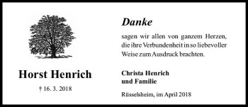 Traueranzeige von Horst Henrich von Trauerportal Rhein Main Presse